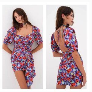 NWOT For Love and Lemons Chiara Puff Sleeve Floral Mini Dress Large Red Purple